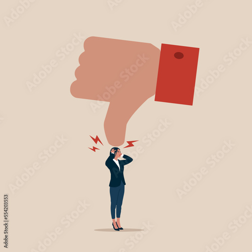 Sad businesswoman and hand with thumbs down. Flat modern vector flat illustration.