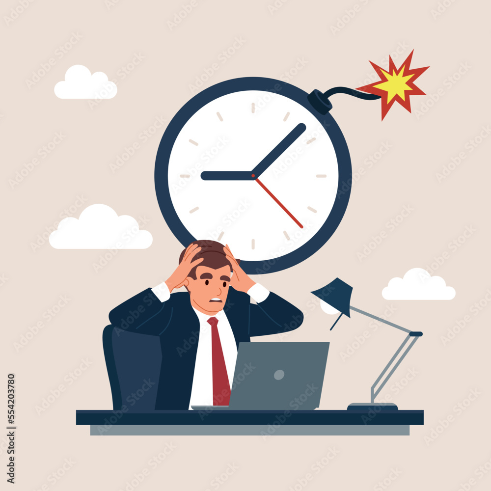 Time management, project deadline countdown or problem or trouble to deliver or launch product. Flat vector illustration.