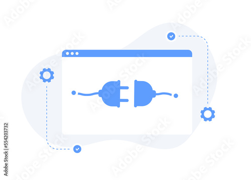 Website plugin for ecommerce CMS concept. Web Developer extension, SEO plugins for digital marketing. Flat design vector illustration with plug and socket icons. Isolated on white background
