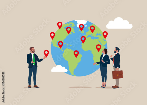 Business team put new branch pin on world map across globe. Global business expansion, open company branches, franchise in new location to cover all continent. Flat vector illustration © Vadym