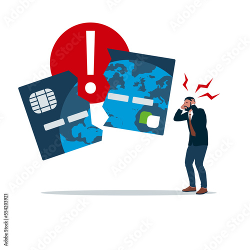 Confused businessman. Failed to make payment by credit card. Flat vector illustration