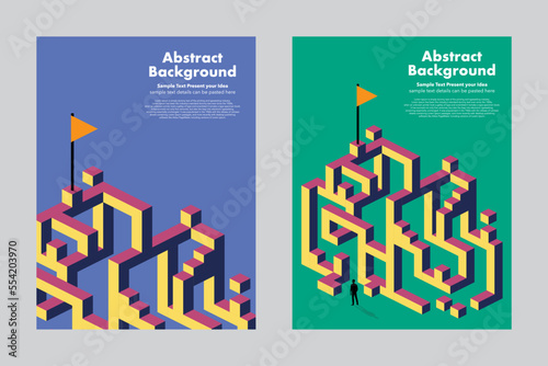 Way to succeed, silhouette man to reach the goal, obstacle, abstract background geometric vector design