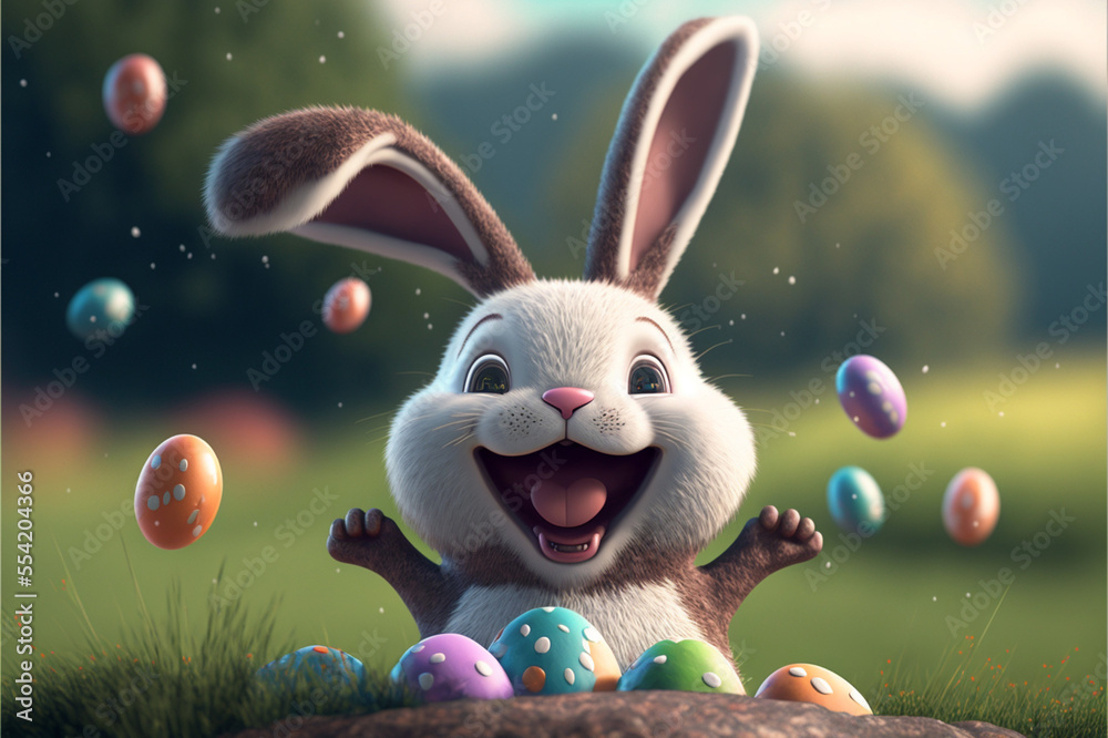 Running happy Easter bunny with eggs flying everywhere created by  generative artificial intelligence, generative ai Stock Illustration |  Adobe Stock