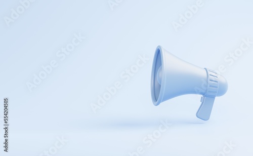 Mono color blue megaphone bullhorn speaker to announce or broadcast sound on white background 3D rendering illustration