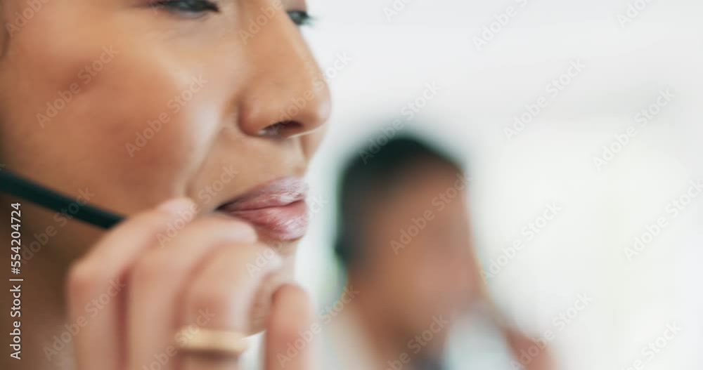Customer support, communication or mouth of call center consultant talking on telecom microphone, sales pitch or contact us CRM. Customer service, face profile or telemarketing black woman consulting