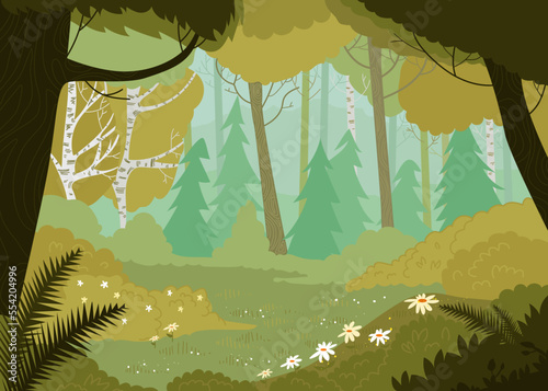 European landscape view, autumn outdoor dense forest tree, concept fall national park woodland cartoon vector illustration. Wild field hike place.
