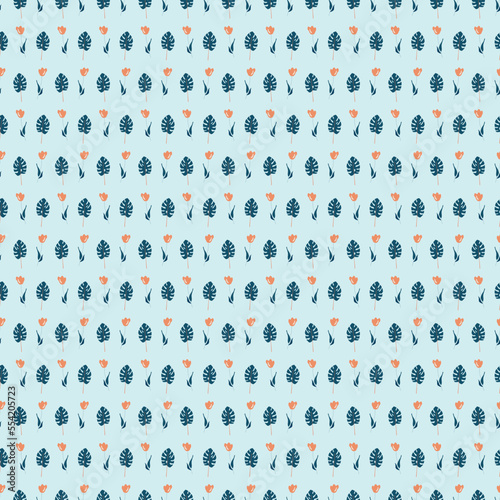 small tulip and leaves print blue background seamless repeat pattern