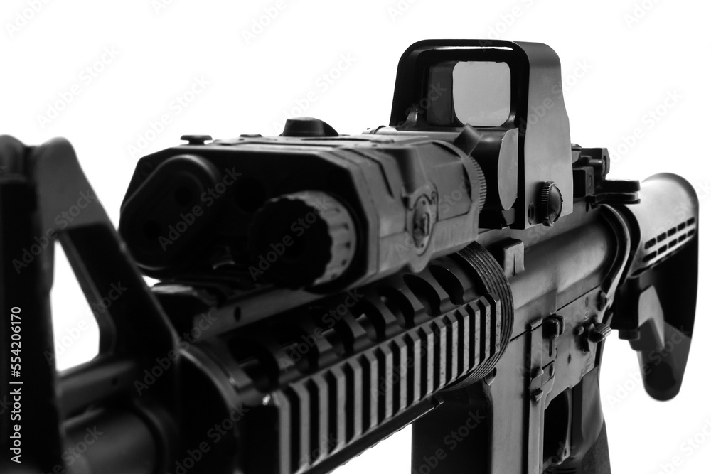 Weapons and military equipment for army, Assault rifle gun (M4A1) with attachment, red dot sign isolated on white background