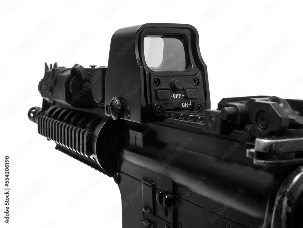 Weapons and military equipment for army, Assault rifle gun (M4A1) with attachment, red dot sign isolated on white background Weapons and military equipment for army, Assault rifle gun (M4A1) with attachment, red dot sign isolated on white background