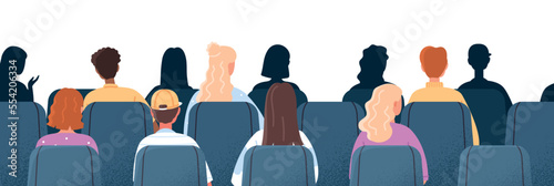 Audience in cinema. Graphic element for website, people on chairs. Poster or banner, men and women at lecture or public speaking. Cartoon flat vector illustration isolated on white background