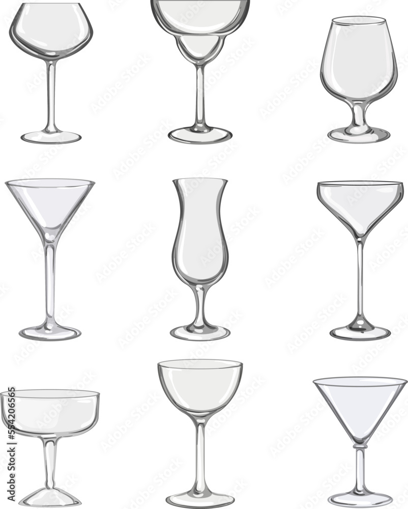 cocktail glasses set cartoon. drink alcohol, bar wine, martini restaurant, menu beverage, party cocktail glasses vector illustration