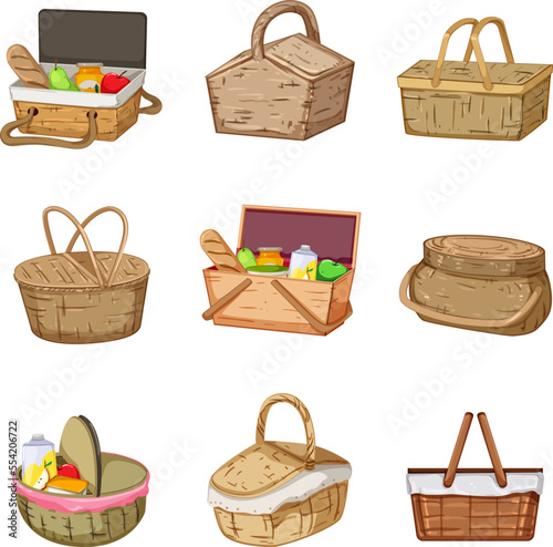 picnic basket set cartoon. food fruit, hamper summer, bread lunch, bag box, meal picnic basket vector illustration