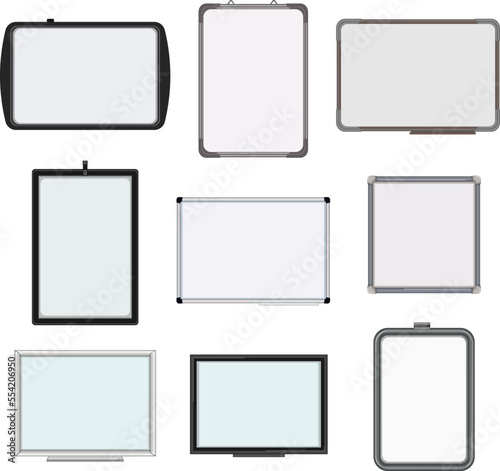 whiteboard school set cartoon. marker class, blank frame, classroom presentation, business empty, pen whiteboard school vector illustration