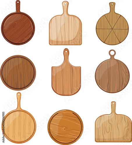 wooden pizza board set cartoon. kitchen round, food table, plate empty, tray plank, surface wooden pizza board vector illustration