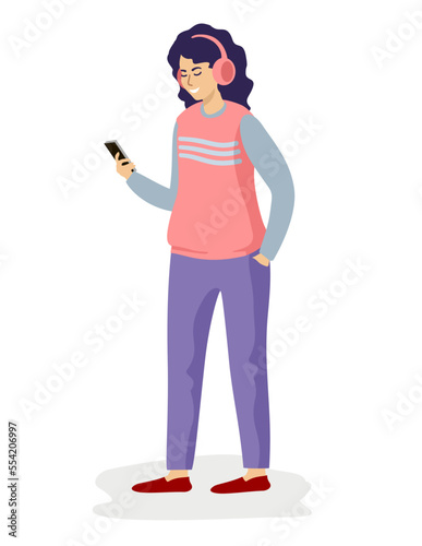 Cute girl listening to music in smartphone. Young woman with audio player and earphones. Melomaniac, music lover, fan. Flat cartoon female character
