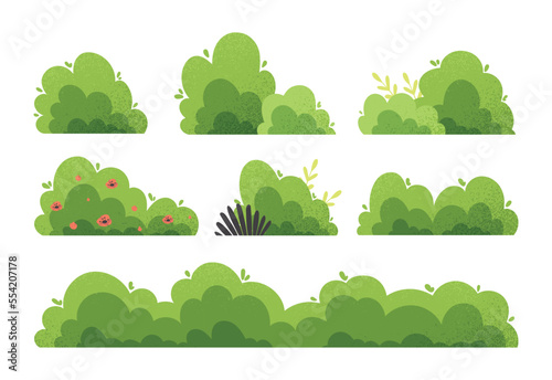 Different bushes set. Collection of graphic elements for website. Botany and floristry, garden and park decoration. Spring and summer. Cartoon flat vector illustrations isolated on white background