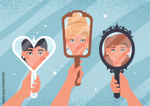 Different women in mirror. Beauty and self acceptance, positive psychology. Beautiful young girls look after their appearance concept. Poster or banner for website. Cartoon flat vector illustration