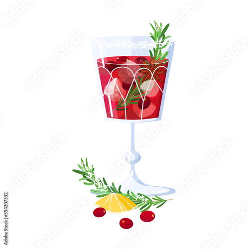 Christmas Cranberry Bourbon Cocktail isolated on white background. Winter alcohol drink. Flat vector illustration. Everything you need for Holiday party