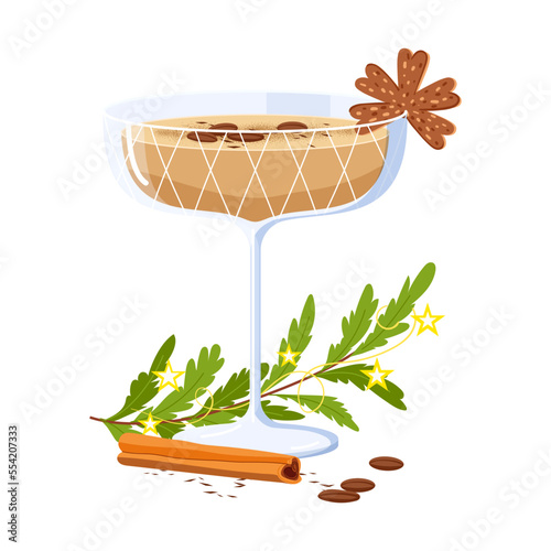 Eggnog in glass with Christmas ginger cake, coffee bean and espresso isolated on white background. Winter Alcohol drink vector illustration. Egg milk punch, fir tree