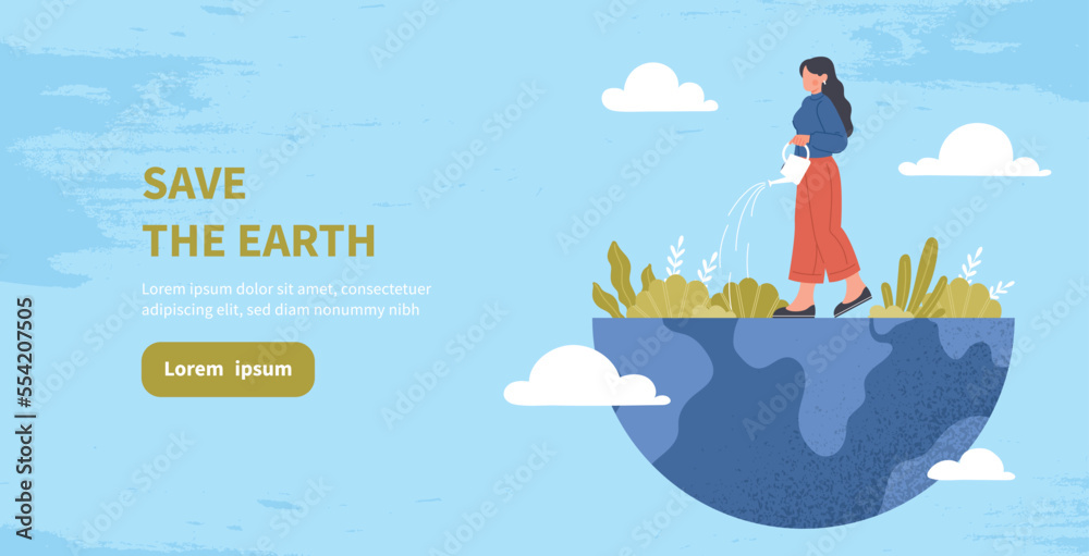 Earth Day concept. International holiday and festival. Environmental activist and responsible society. Caring for nature and environment. Woman watering plant. Cartoon flat vector illustration Earth Day concept. International holiday and festival. Environmental activist and responsible society. Caring for nature and environment. Woman watering plant. Cartoon flat vector illustration
