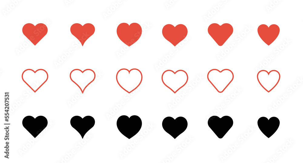 Vector set of different shapes of heart. Set of heart silhouette. Heart cartoon symbol. Vector set of different shapes of heart. Set of heart silhouette. Heart cartoon symbol.