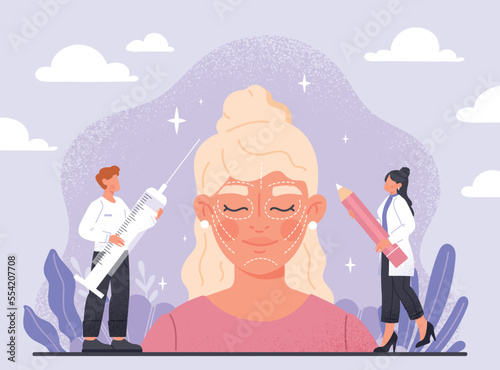 Facial plastic surgery. Young girl at doctors for cosmetic procedures. Beauty and hygiene. Man with syringe and woman with pencil pick up medicine. Poster or banner. Cartoon flat vector illustration