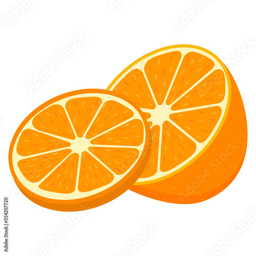 Vector image of an orange. The concept of healthy food and fresh fruit. Juicy fruits, orange snacks, vegetarian dishes. Delicious citrus.