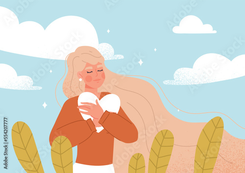 Feeling self love. Young girl stands in field and hugs white heart. Mental health and psychology. Positivity and optimism, happiness. Acceptance and confidence. Cartoon flat vector illustration