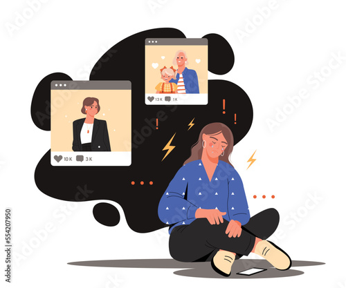 Frustrated woman concept. Young girl suffers from social media cyberbullying, insecurity and psychological problems. Loneliness and depression, mental health. Cartoon flat vector illustration