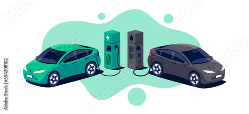 Comparing electric car versus gasoline diesel car suv. Electric vehicle charging at charger stand vs. fossil car refueling petrol gas station. Front isometric view. Isolated on white background.