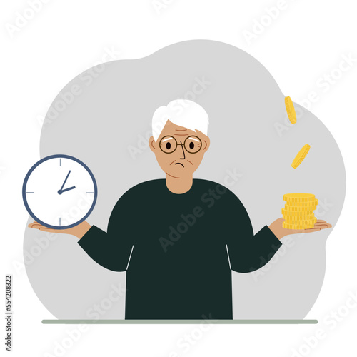 A old man makes a decision or chooses between two options or alternatives, a watch and a pile of coins. The concept of time or money, the balance between work and leisure.