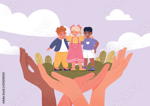 Protection of children. Big hands hold little boys and girls. Poster or banner for website. Positivity and optimism, love and support, happiness and playful kids. Cartoon flat vector illustration