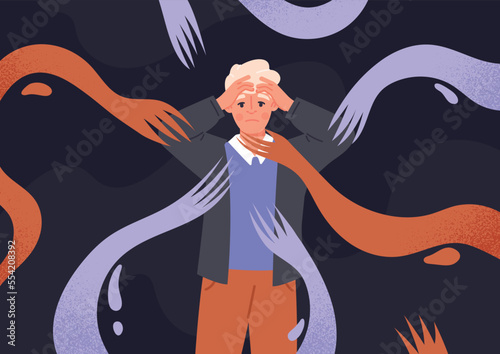 Psychological concept of influence. Man against background of multicolored hands, manipulation. Insecure character, psychological problems and mental health. Cartoon flat vector illustration