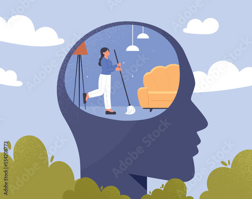 Purification of thoughts. Mental practices and psychology, awareness. Inner peace and balance. Woman in abstract head silhouette. Emotions and feelings, mood. Cartoon flat vector illustration