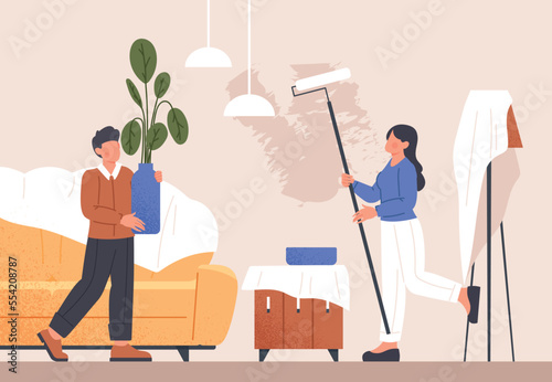 Redecorating living room. Man and woman change furniture and paint walls in apartment or house. Room refurbishment, interior refurbishment. Poster or banner. Cartoon flat vector illustration
