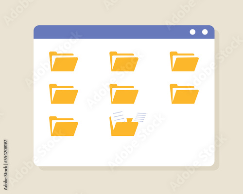 Window with folders concept. Electronic archive and data storage. Interface for programs and applications. Data systematization and cloud service. Computer and laptop. Cartoon flat vector illustration