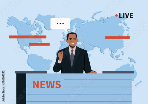 TV translation concept. Man leads news and tells information. Mass media and intellectual show. Live on television. Man in suit sits on background of world map. Cartoon flat vector illustration
