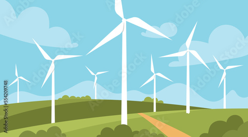Wind turbines concept. Alternative energy sources in field, care for nature and ecology. Energy and electricity, rustic landscaping and farming. Poster or banner. Cartoon flat vector illustration