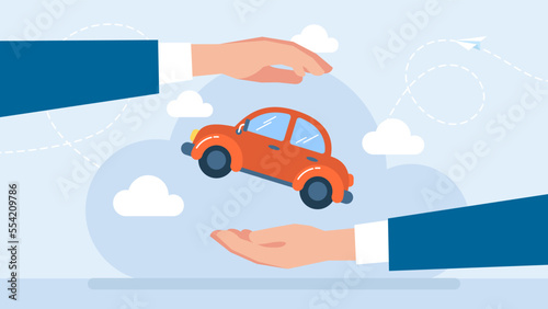 Hand giving car to another hand. Purchase, sale. Car Rental and cars for sale. Auto showroom. Purchase sale or rental car. Seller man hands over the keys of the car owner. Flat Vector illustration
