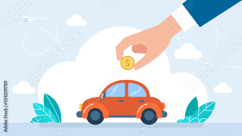 A man puts a coin in a car like a piggy bank. Concept of car expenses, auto savings, financial success, loan. High price for car fuel concept. People wasting money, saving cash. Vector illustration 