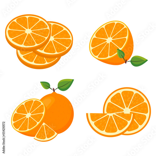 Vector image of an orange. The concept of healthy food and fresh fruit. Juicy fruits, orange snacks, vegetarian dishes. Delicious citrus.