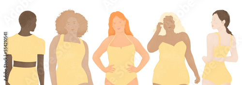 a group of five multi ethnic mixed body shape mixed age women in swimming suit on transparent background