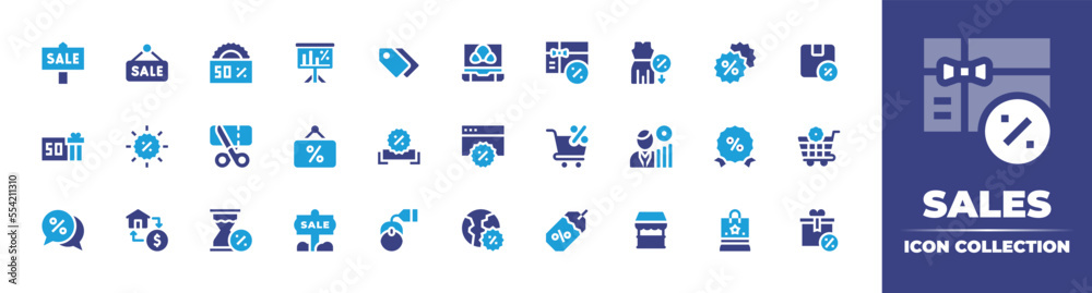 Sales icon collection. Vector illustration. Containing sale, sales marketing, sale tag, summer sale, discount, dress, sales, broker, shopping cart, online sales, world, price tag, store, and more.