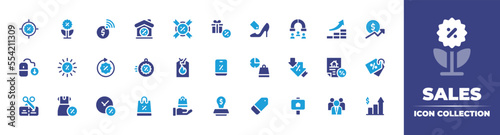 Sales icon collection. Vector illustration. Containing sales, sale, shoe label, attract customers, increase, growth, online sales, summer sale, flash sale, hot sale, shopping bag, discount, and more.