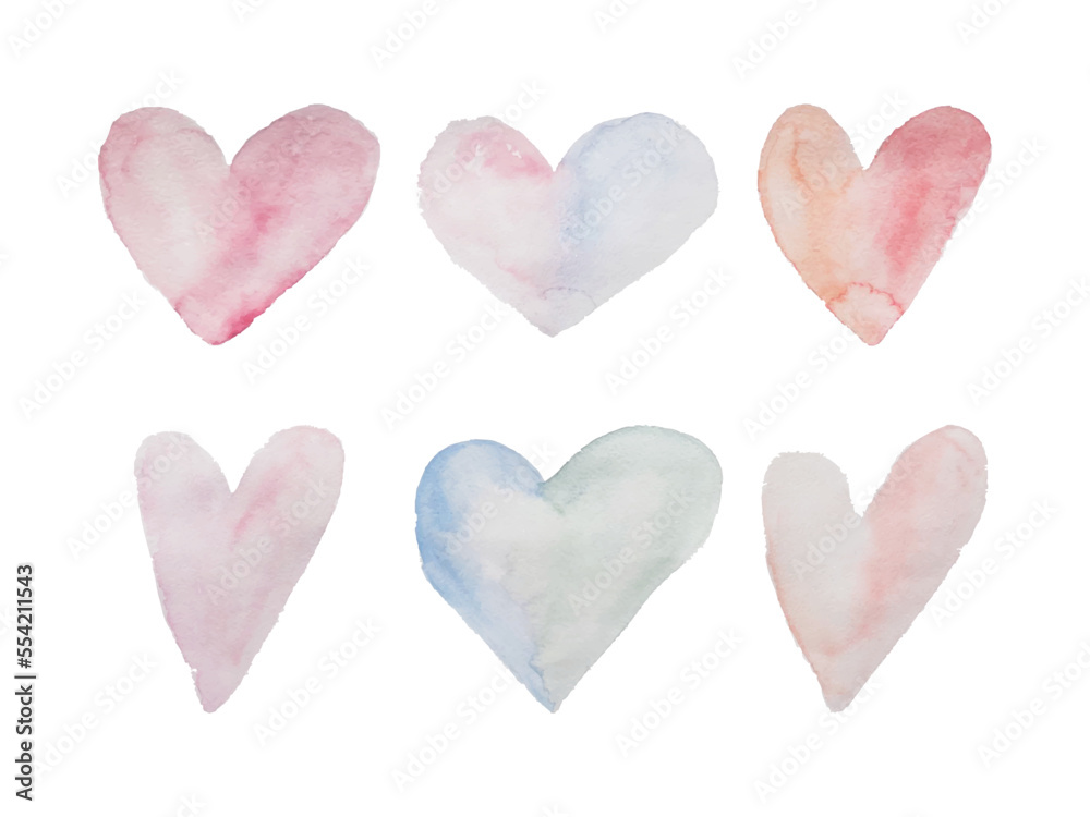 Set of hand-painted watercolor hearts isolated on white background