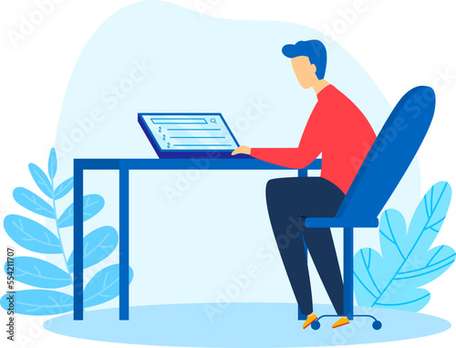 Online business work, computer internet, young guy working, freelance, remote concept, design, flat style vector illustration.