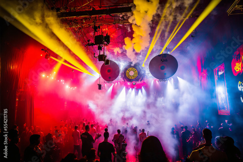reggae party in a hall with thousands of people and colorful light with smoke, generative ai
