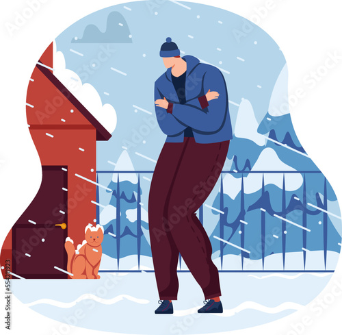 Wind snow man, frost concept, winter cold man walking, time outdoors, weather concept, design, cartoon style vector illustration.