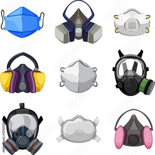 respirator mask set cartoon. face safety, medical protection, equipment dust, work breathing, air respirator mask vector illustration