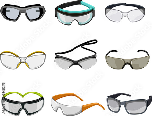 safety glasses set cartoon. protection work, googles industrial, construction equipment, eye safe, worker safety glasses vector illustration